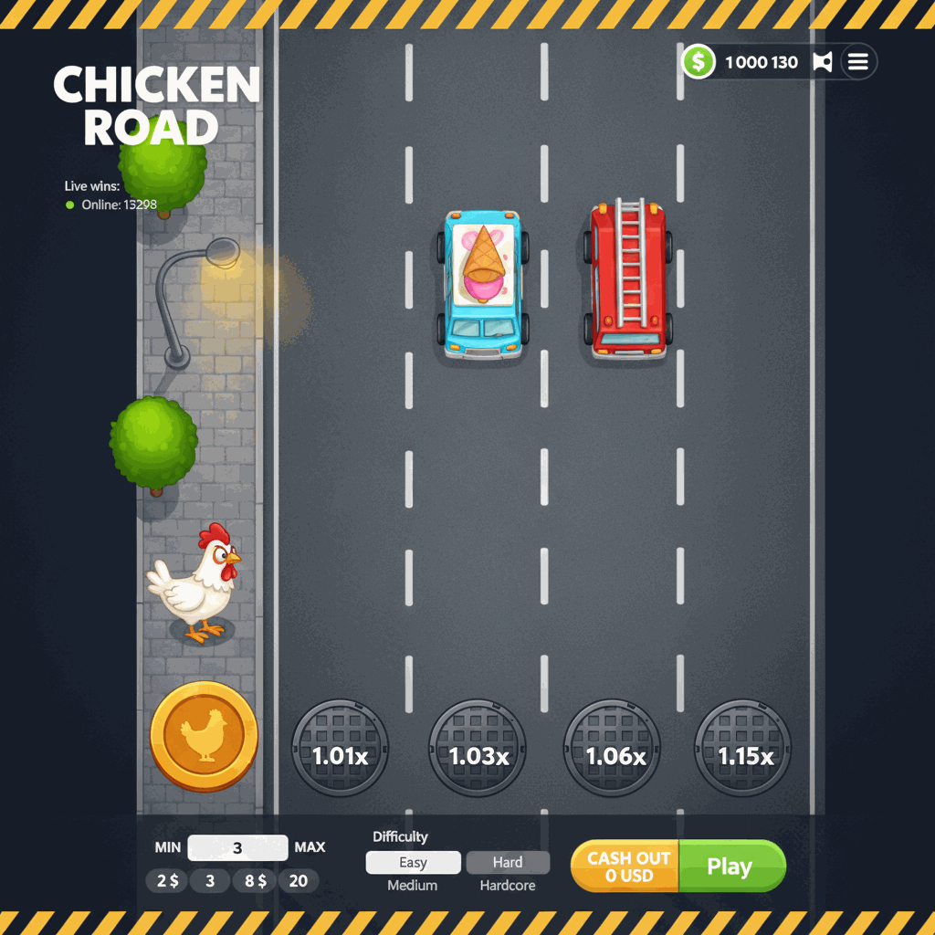 Chicken Road gioco crash di InOut: una gallina bianca attraversa una strada multi-corsia vista dall'alto, con moltiplicatori crescenti visualizzati su ogni corsia, automobili in movimento che rappresentano il rischio, e un'interfaccia di gioco con controlli di puntata e pulsante di ritiro vincita